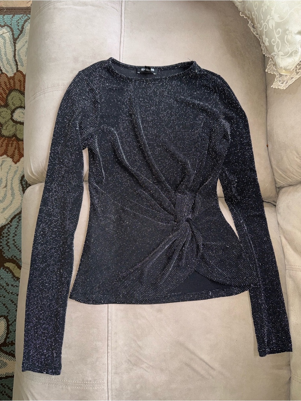Express Black Metallic Twist-Front Long Sleeve Top